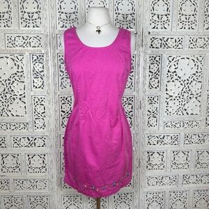 Vintage Hot Pink Denim Floral Embroidered Sleeveless Shift‎ Mod Dress Sz M/L
